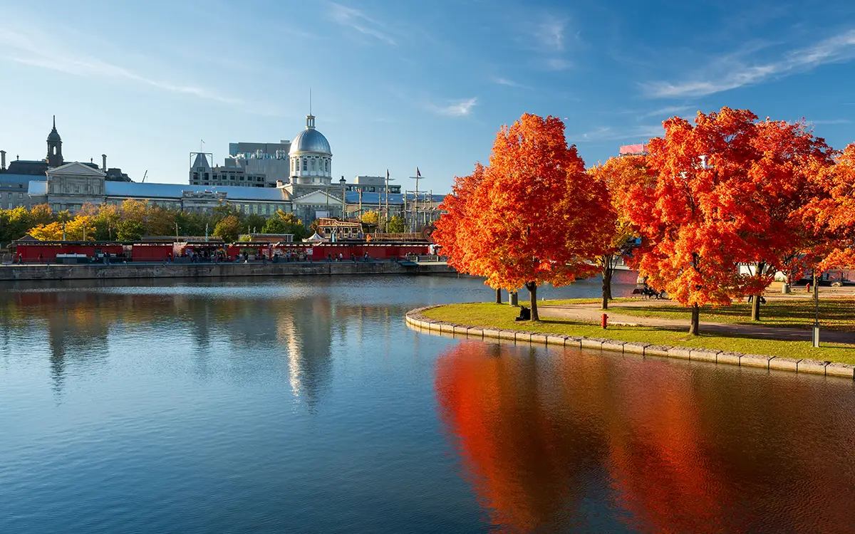 Image d'un immeuble au Québec, avec une rivière en face