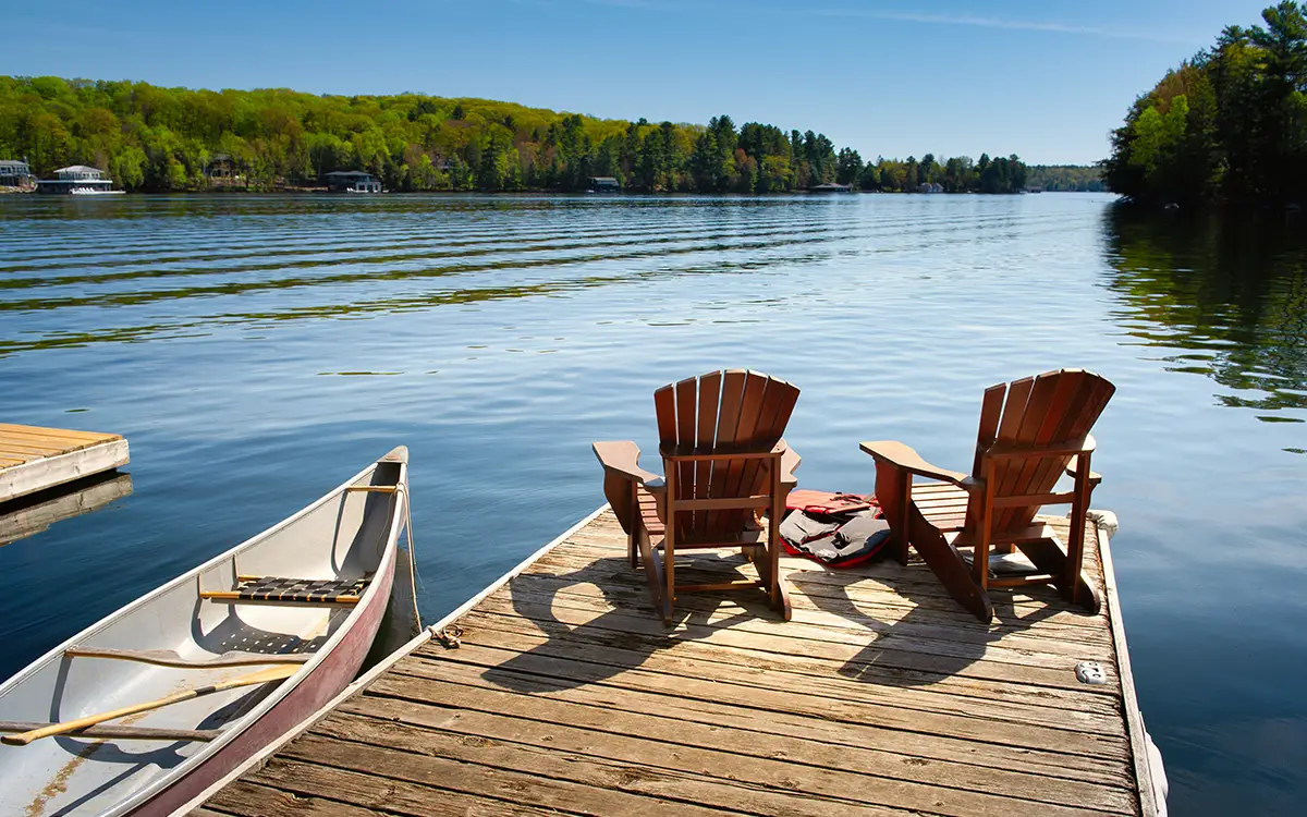 A lake in Ontario with a dock and canoe