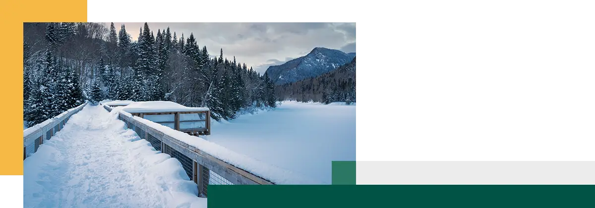 Une passerelle en bois enneigée traversant une forêt près d’un lac gelé, avec des montagnes en arrière‑plan.